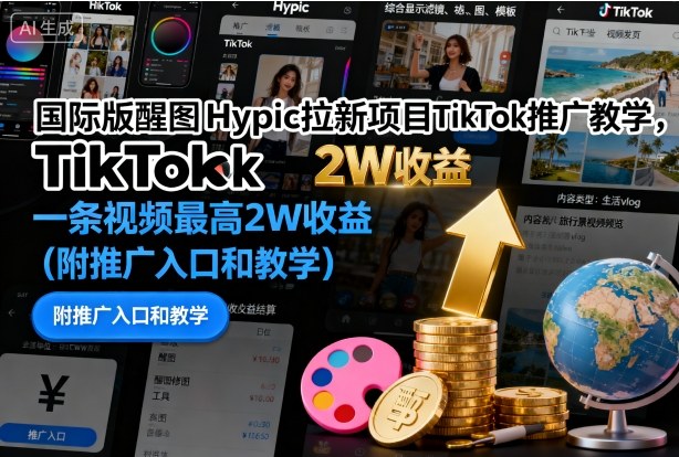 国际版醒图Hypic拉新项目TikTok推广教学，一条视频最高2W收益（附推广入口和教学）-稀缺资源库