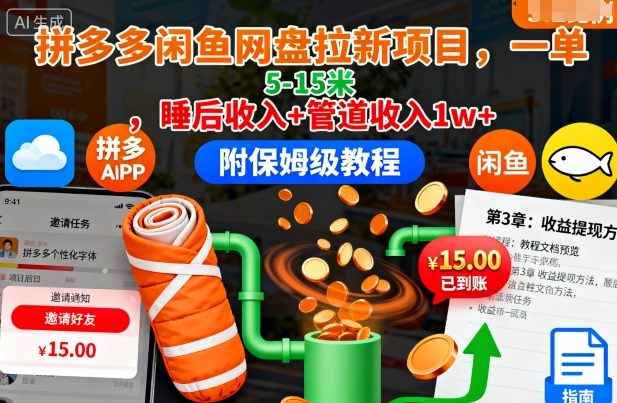 拼多多闲鱼网盘拉新项目，一单5-15米，睡后收入+管道收入1w+（附保姆级教程）-稀缺资源库