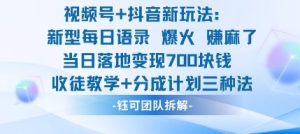 视频号加抖音新玩法:爆火新型每日语录,收徒教学加分成计划,三种变现玩法,当日变现7张-稀缺资源库