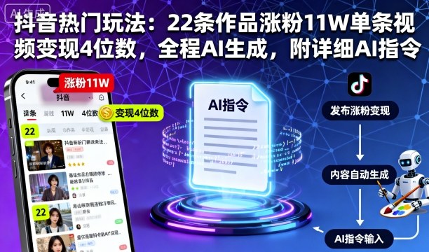 抖音热门玩法：22条作品涨粉11W单条视频变现4位数，全程AI生成，附详细AI指令-稀缺资源库
