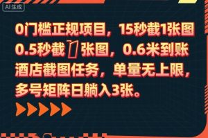 0门槛正规项目,15秒截1张图,0.6米到账,酒店截图任务,单量无上限,多号矩阵日躺入3张【揭秘】-稀缺资源库