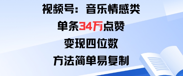 视频号分成计划新玩法：音乐情感类单条34W点赞，变现四位数，方法简单易复制-稀缺资源库