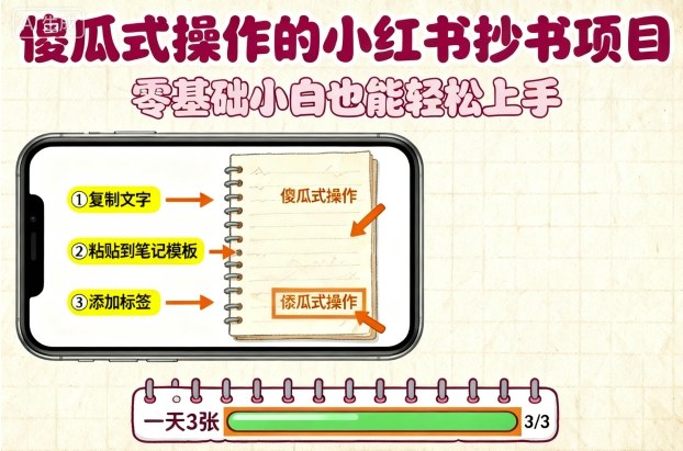 傻瓜式操作的小红书抄书项目，会复制粘贴就行，零基础小白也能一天3张-稀缺资源库