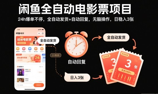 闲鱼全自动电影票项目，24h爆单不停，全自动发货+自动回复，无脑操作，日稳入3张【揭秘】-稀缺资源库