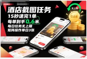 酒店截图任务，15秒速完1单，每单到手0.6米，每日任务无上限，全网首发玩法，矩阵操作单日3张【揭秘】-稀缺资源库