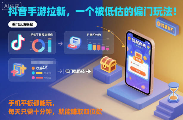 抖音手游拉新，一个被低估的偏门玩法！手机平板都能玩，每天只需十分钟，就能賺取四位数【揭秘】-稀缺资源库