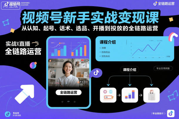 视频号新手实战变现课，从认知、起号、话术、选品、开播到投放的全链路运营-稀缺资源库