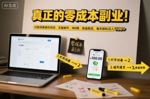 真正的零成本副业！问卷调查暴利项目，无脑操作，纯0撸，收益稳定，每天轻松日入100+【揭秘】-稀缺资源库