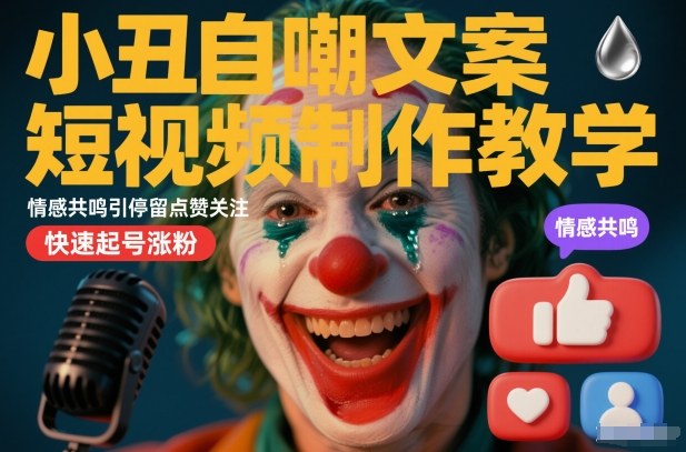 小丑自嘲文案短视频制作教学，情感共鸣引停留点赞关注，快速起号涨粉-稀缺资源库