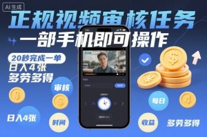 正规视频审核任务,一部手机即可操作,20秒完成一单,日入4张,多劳多得【揭秘】-稀缺资源库