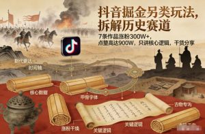 抖音掘金另类玩法，拆解历史赛道，7条作品涨粉300W+，点赞量高达900W，只讲核心逻辑，干货分享-稀缺资源库