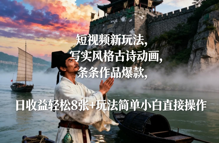 短视频新玩法，写实风格古诗动画，条条作品爆款，日收益轻松8张+玩法简单小白直接操作-稀缺资源库