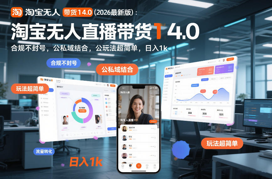 淘宝无人直播带货14.0（2026最新版）：合规不封号，公私域结合，玩法超简单，日入1k+【揭秘】-稀缺资源库