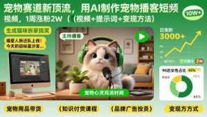 宠物赛道新顶流,用AI制作宠物播客短视频,1周涨粉2W(视频+提示词+变现方法)-稀缺资源库