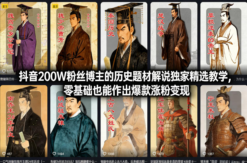 抖音200W粉丝博主的历史题材解说独家精选教学，零基础也能作出爆款涨粉变现-稀缺资源库