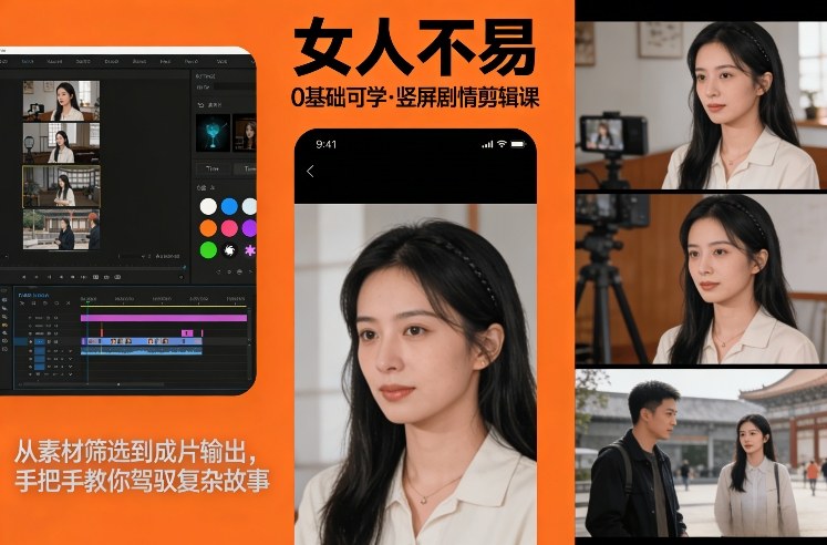 0基础可学！《女人不易》竖屏剧情剪辑课，从素材筛选到成片输出，手把手教你驾驭复杂故事-稀缺资源库