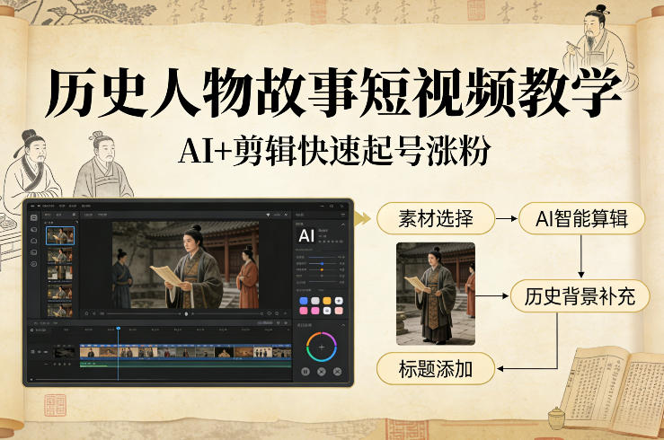 历史人物故事短视频教学，AI+剪辑制作历史人物题材短视频，快速起号涨粉-稀缺资源库