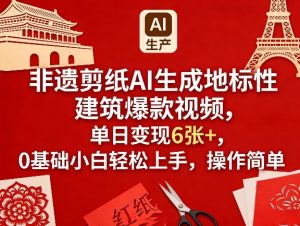 非遗剪纸AI生成地标性建筑爆款视频，单日变现6张+，0基础小白轻松上手，操作简单-稀缺资源库