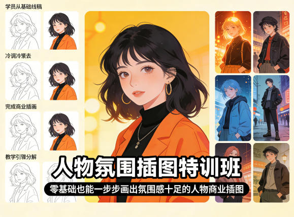 人物氛围插图特训班，零基础也能一步步画出氛围感十足的人物商业插图-稀缺资源库
