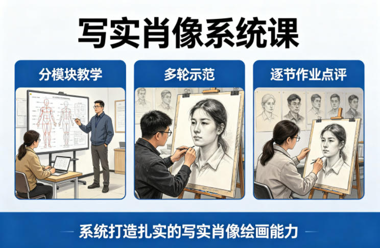 写实肖像系统课，全程分模块教学+多轮示范+逐节作业点评，系统打造扎实的写实肖像绘画能力-稀缺资源库