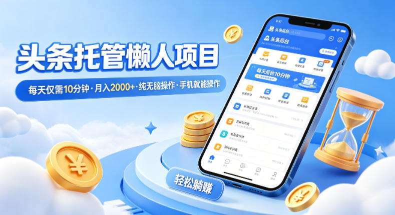 头条托管懒人项目，每天仅需10分钟，月入2000+，纯无脑操作，手机就能操作【揭秘】-稀缺资源库