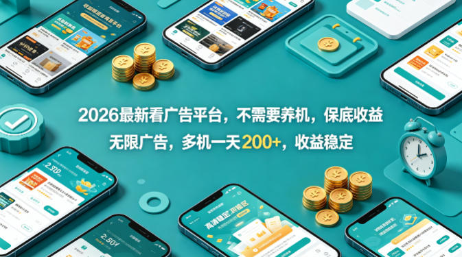2026最新看广告平台，不需要养机，保底收益，无限广告，多机一天200+，收益稳定【揭秘】-稀缺资源库