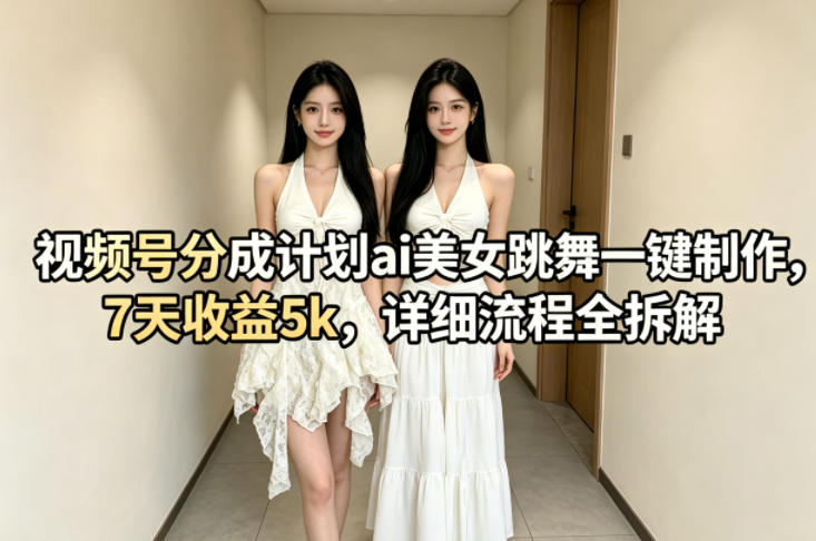 视频号分成计划ai美女跳舞一键制作，7天收益5k，详细流程全拆解-稀缺资源库