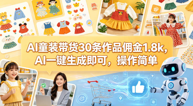 AI童装带货30条作品佣金1.8k，AI一键生成即可，操作简单-稀缺资源库