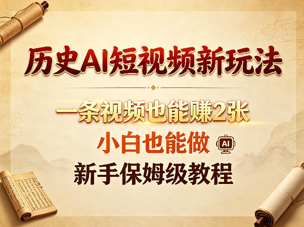 历史AI短视频新玩法，一条视频也能賺2张，小白也能做，新手保姆级教程-稀缺资源库
