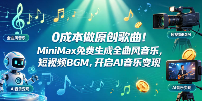 0成本做原创歌曲！MiniMax免费生成全曲风音乐，短视频BGM，开启AI音乐变现-稀缺资源库