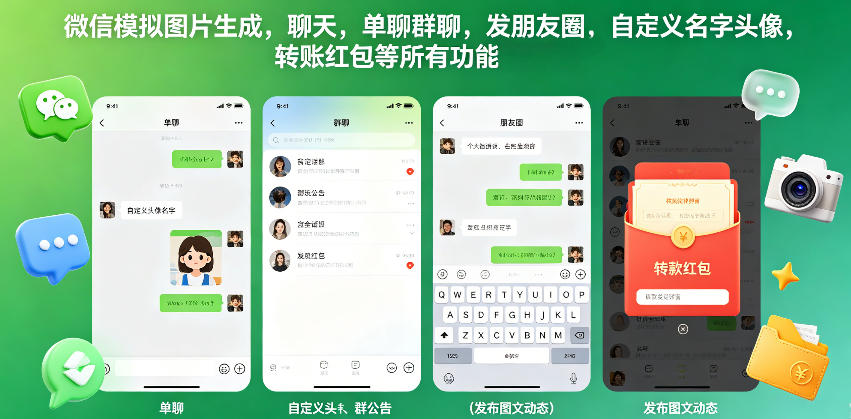 微信模拟图片生成，聊天，单聊群聊，发朋友圈，自定义名字头像，转账红包等所有功能都可以生成-稀缺资源库