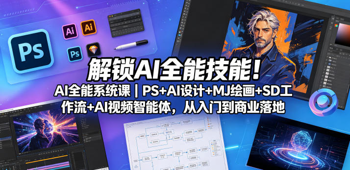 解锁AI全能技能！AI全能系统课｜PS+AI设计+MJ绘画+SD工作流+AI视频智能体，从入门到商业落地-稀缺资源库