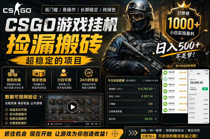 CSGO游戏搬砖，全自动挂G，不需要玩游戏，手机操作日入300+，解放双手【揭秘】-稀缺资源库