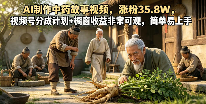 AI制作中药故事视频，涨粉35.8W，视频号分成计划+橱窗收益非常可观，简单易上手-稀缺资源库