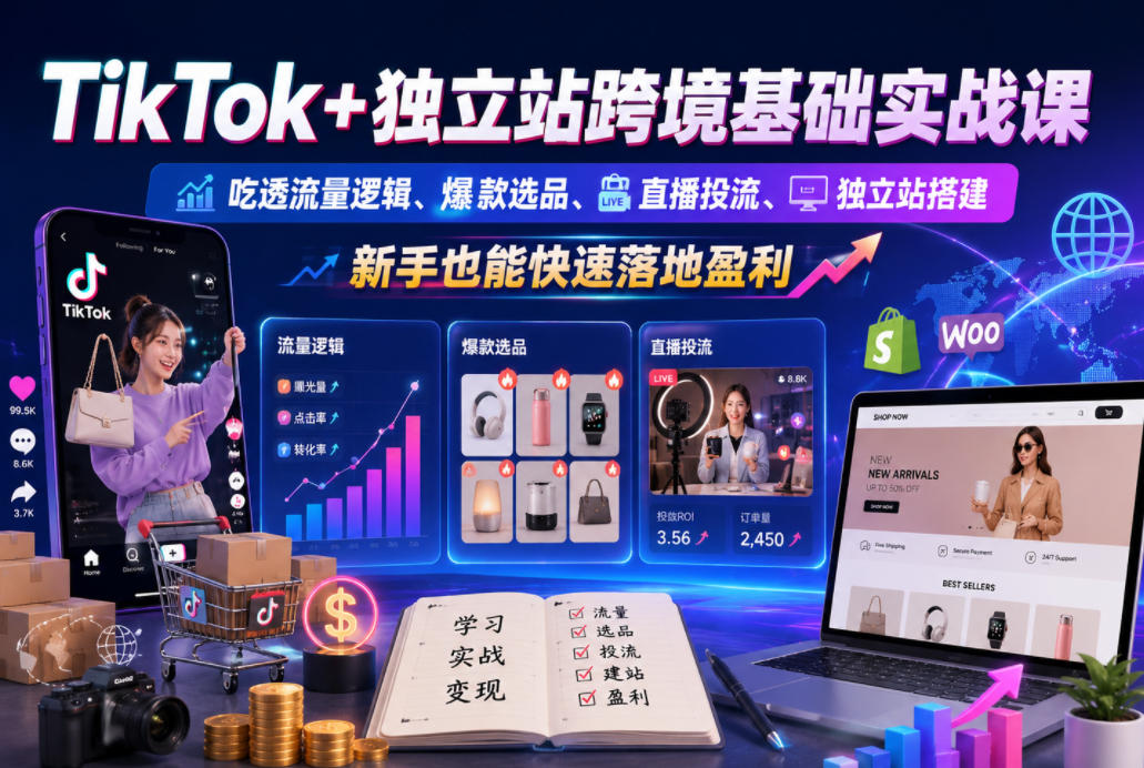 TikTok+独立站跨境基础实战课，吃透流量逻辑、爆款选品、直播投流与独立站搭建，新手也能快速落地盈利-稀缺资源库