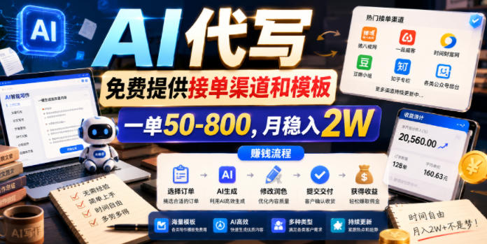 AI代写，免费提供接单渠道和模板，一单50-800，月稳入2W【揭秘】-稀缺资源库