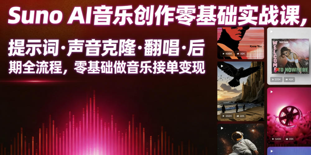 Suno AI音乐创作实战课，提示词・声音克隆・翻唱・后期全流程，零基础做音乐接单变现-稀缺资源库