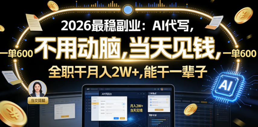 2026最稳副业：AI代写，不用动脑，当天见钱，一单600，全职干月入2W+，能干一辈子【揭秘】-稀缺资源库