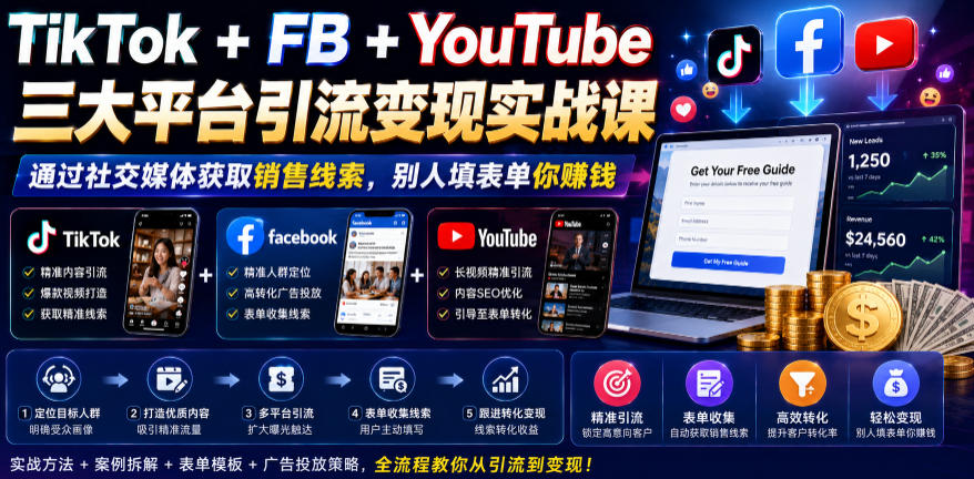 TikTok+FB+YouTube三大平台引流变现实战课，通过社交媒体获取销售线索，别人填表单你賺钱【原创双语字幕】-稀缺资源库