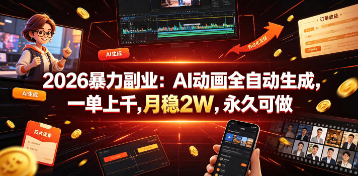 2026暴力副业：AI动画全自动生成，一单上千，月稳2W，永久可做【揭秘】-稀缺资源库