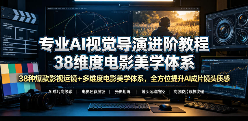 专业AI视觉导演进阶教程，38种爆款影视运镜+多维度电影美学体系，全方位提升AI成片高级感与镜头质感-稀缺资源库