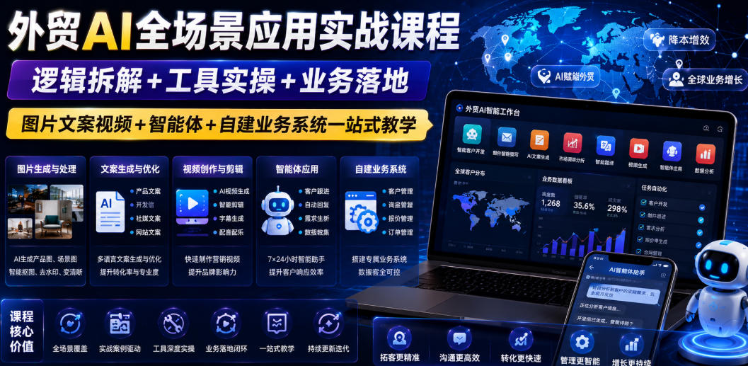 外贸AI全场景应用实战课程｜逻辑拆解+工具实操+业务落地，图片文案视频+智能体+自建业务系统一站式教学-稀缺资源库