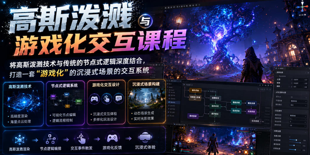 高斯泼溅与游戏化交互课程，将高斯泼溅技术与传统的节点式逻辑深度结合，打造一套“游戏化”的沉浸式场景的交互系统-稀缺资源库