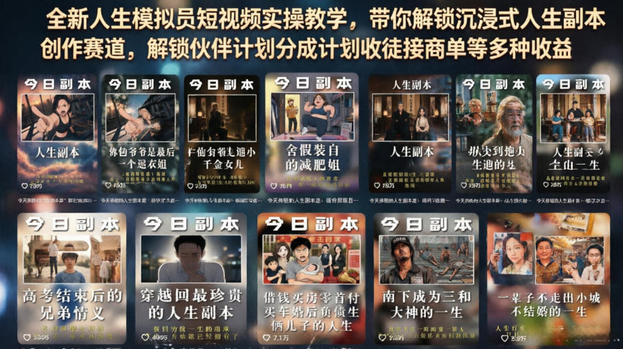 全新人生模拟员短视频实操教学，带你解锁沉浸式人生副本创作赛道，解锁伙伴计划分成计划收徒接商单等多种收益-稀缺资源库