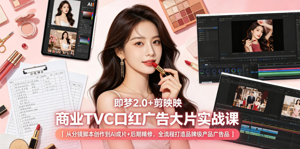 即梦2.0+剪映商业TVC口红广告大片实战课｜从分镜脚本创作到AI成片+后期精修，全流程打造品牌级产品广告-稀缺资源库