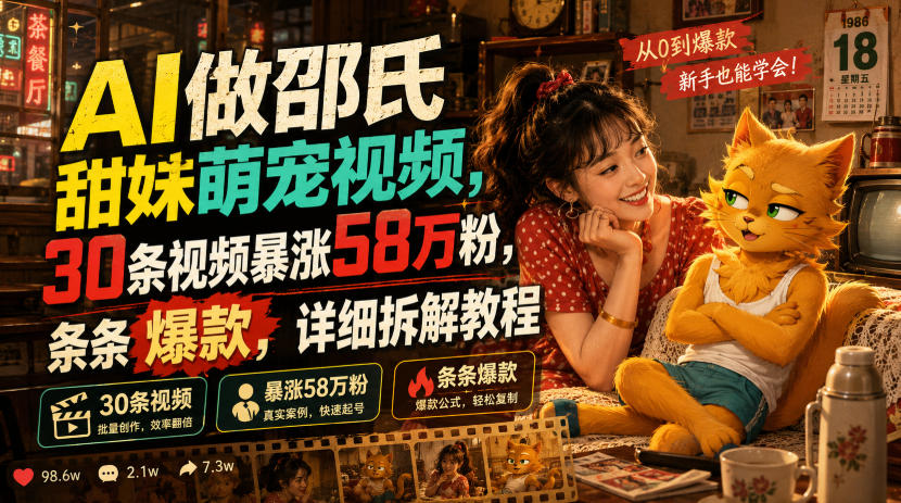 AI做邵氏甜妹萌宠视频，30条视频暴涨58万粉，条条爆款，详细拆解教程-稀缺资源库