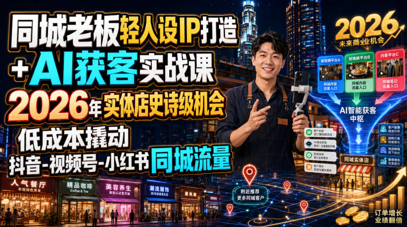 同城老板轻人设IP打造+AI获客实战课，2026年实体店史诗级机会，低成本撬动抖音-视频号-小红书同城流量-稀缺资源库
