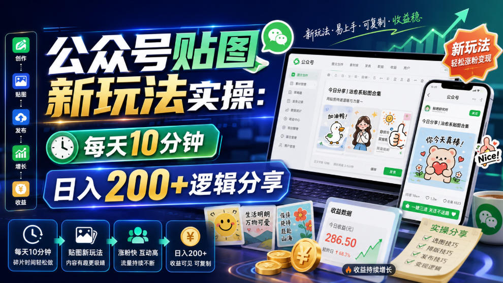 公众号贴图新玩法实操，每天10分钟，日入200+逻辑分享-稀缺资源库