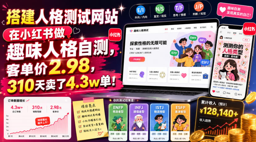搭建人格测试网站在小红书做趣味人格自测，客单价2.98，310天卖了4.3w单！-稀缺资源库