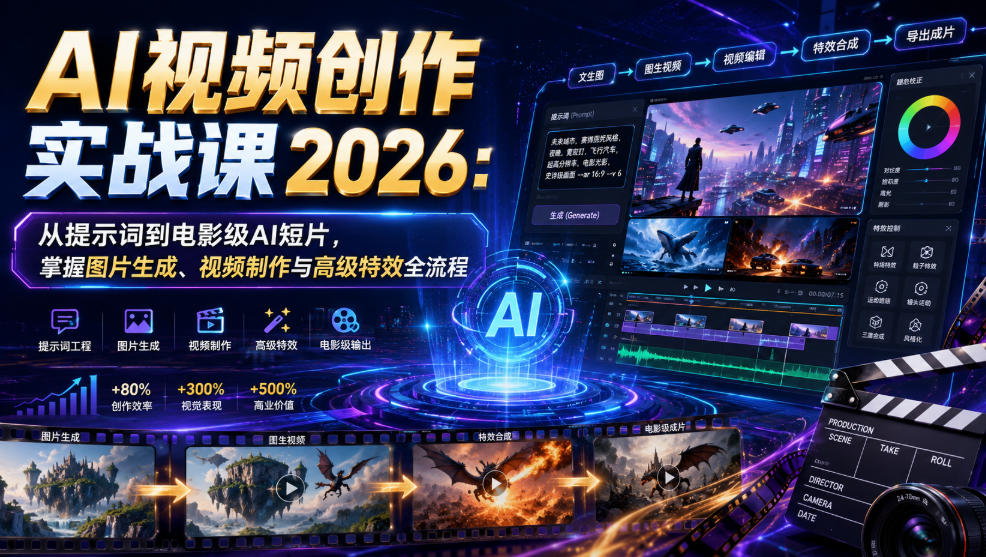AI视频创作实战课2026：从提示词到电影级AI短片，掌握图片生成、视频制作与高级特效全流程-稀缺资源库